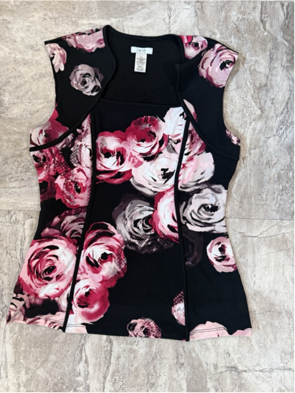 VTG Y2K Cache Rose Floral Black & Pink Square Neck Corset Style Top Sz S Whimsy